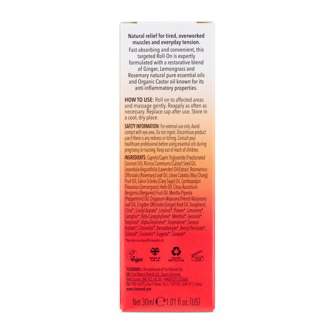 Back of the packaging for the muscle ease roll on