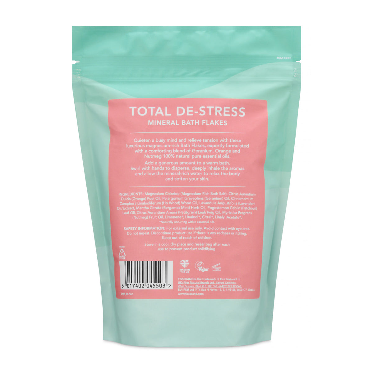 Total De-Stress MIneral Bath Salts Back of Pouch